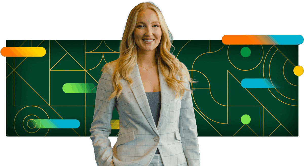 A blonde, Paycom sales team member in striped jacket smiles.